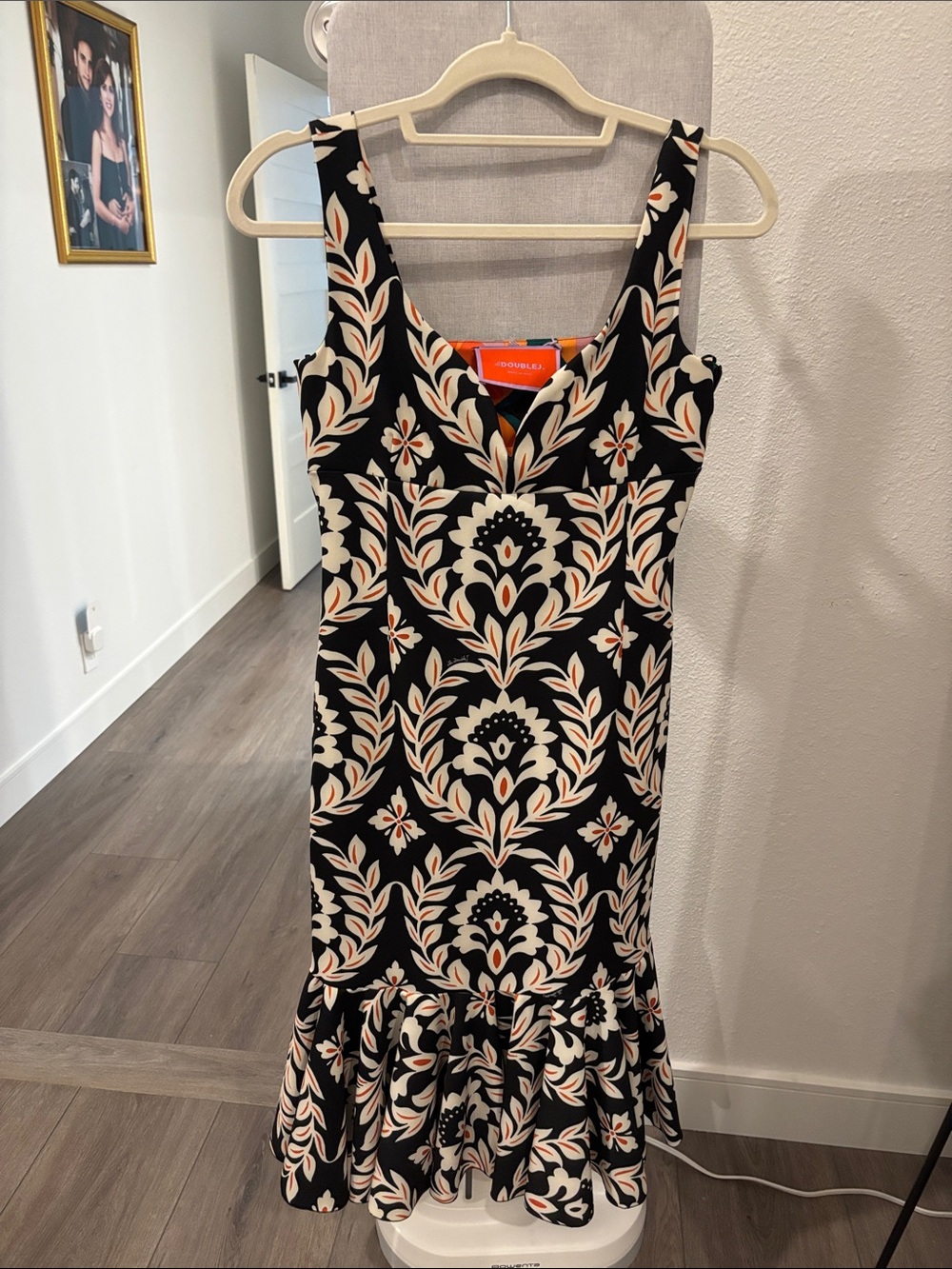 LA DoubleJ Black Floral-Print Midi Dress with Cream and Soft Pink Accents